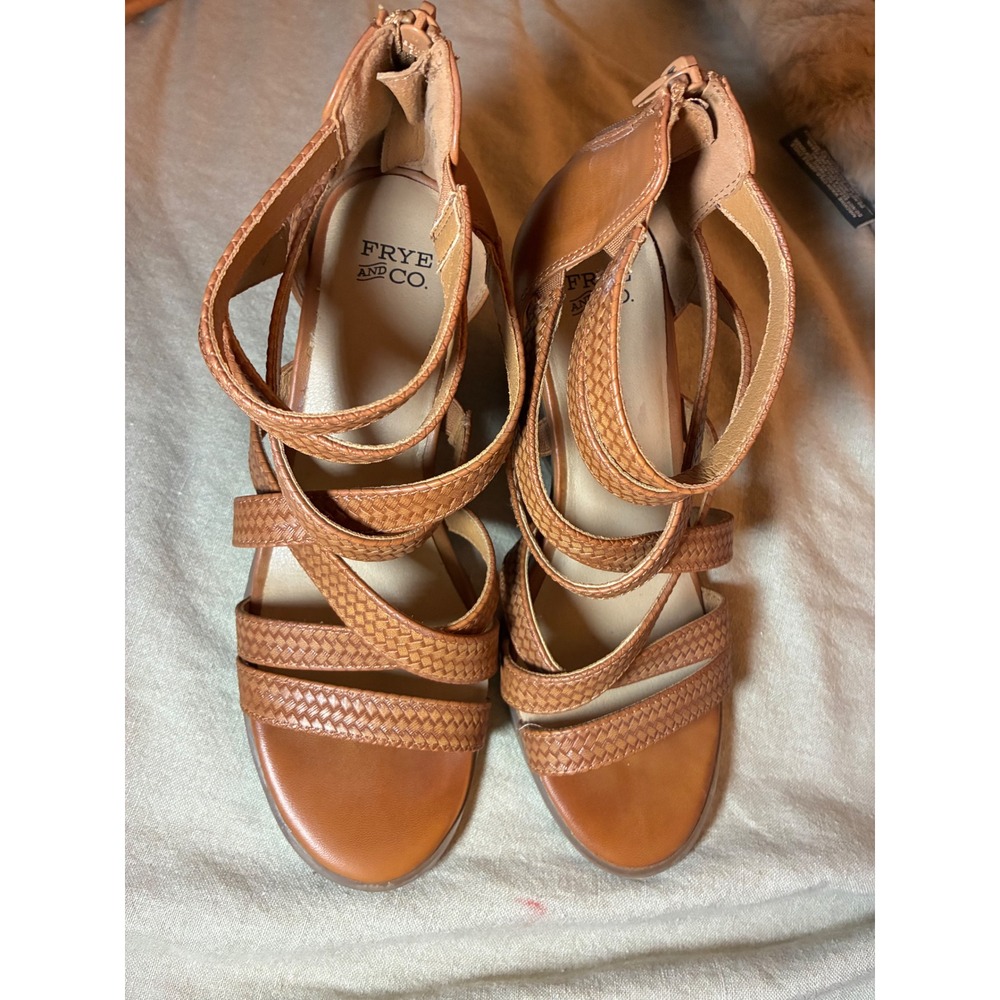 Frye and Co Gale Cognac Woven Strappy Wedge Sandals Brown Size 8M